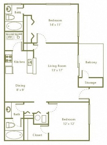 735 sq.ft. 2 bedroom 2 bathroom floor plan B 735 sq.ft. 2 bedroom 2 bathroom floor plan B at The Columns at Vinings, Atlanta, Georgia